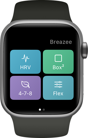 Breazee on Apple Watch, showing HRV, Box, 4-7-8 and Flex breathing